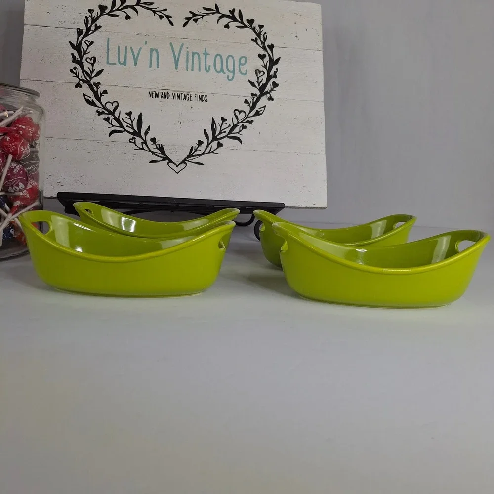 Rachael Ray Lime Green Stoneware 12 oz Oval Ramekins Set of 4 Mini Bakers